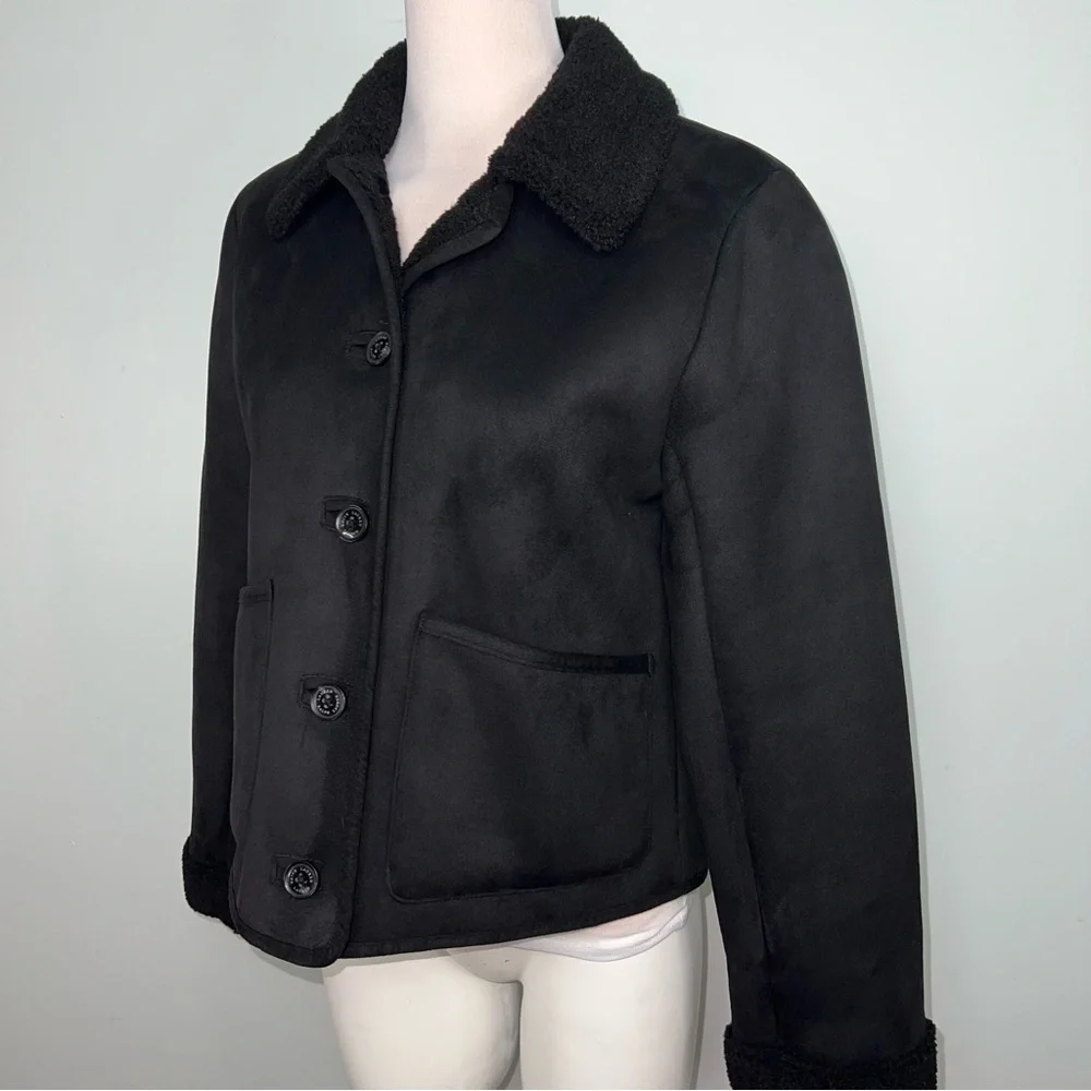 Lauren Ralph Lauren Black Faux Suede Shearling Collar Jacket Women’s Size SP